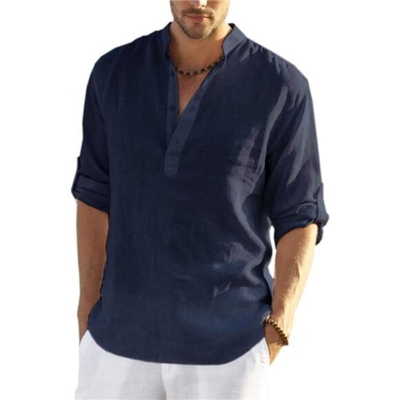 Other - Men's Cotton Linen Henley Shirt Long Sleeve Hippie Casual Beach T Shirts